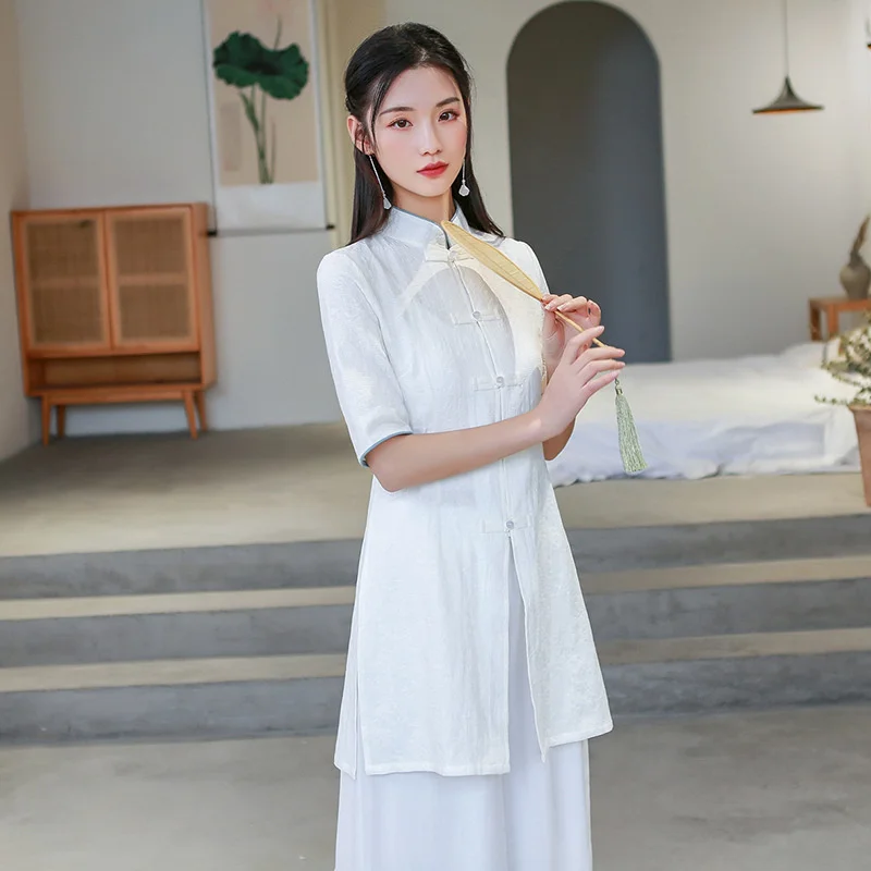 2022 Early Spring New Chinese Style Zen Tea Suit Mid length Tang Women's Top Health Club Ear Picker Summer