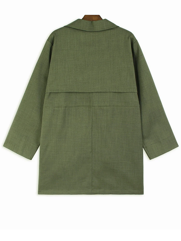 Green Drawstring Pocket Big Size Casual Jacket New Lapel Long Sleeve Women Coat Fashion Tide Spring Autumn