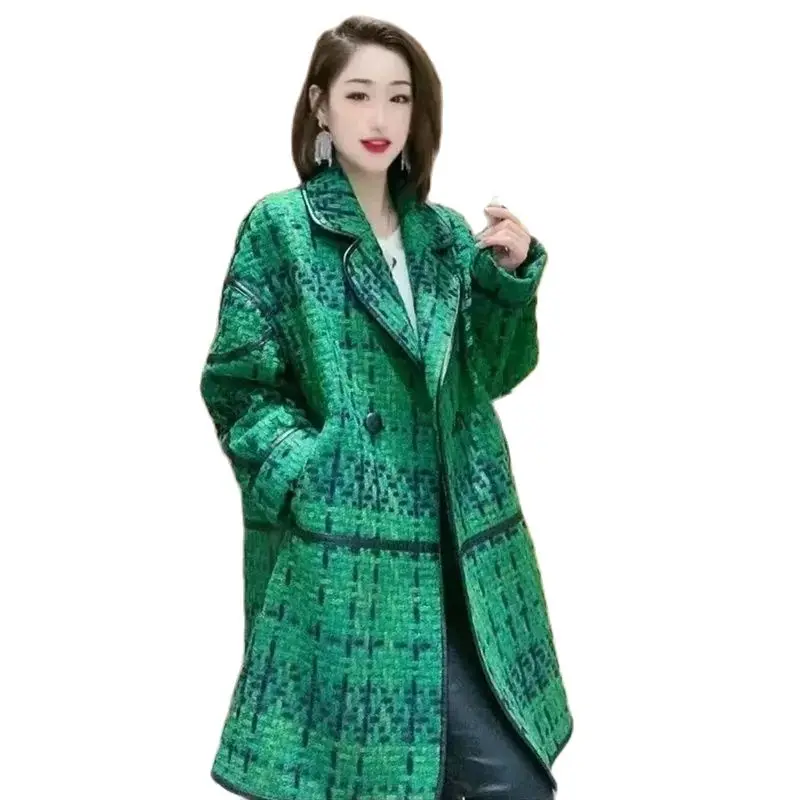 High-End Tweed Woolen Coat Femme 2023 New Green Women\'s Woolen Outcoat Mid-length Autumn Winter Windbreaker Outerwear