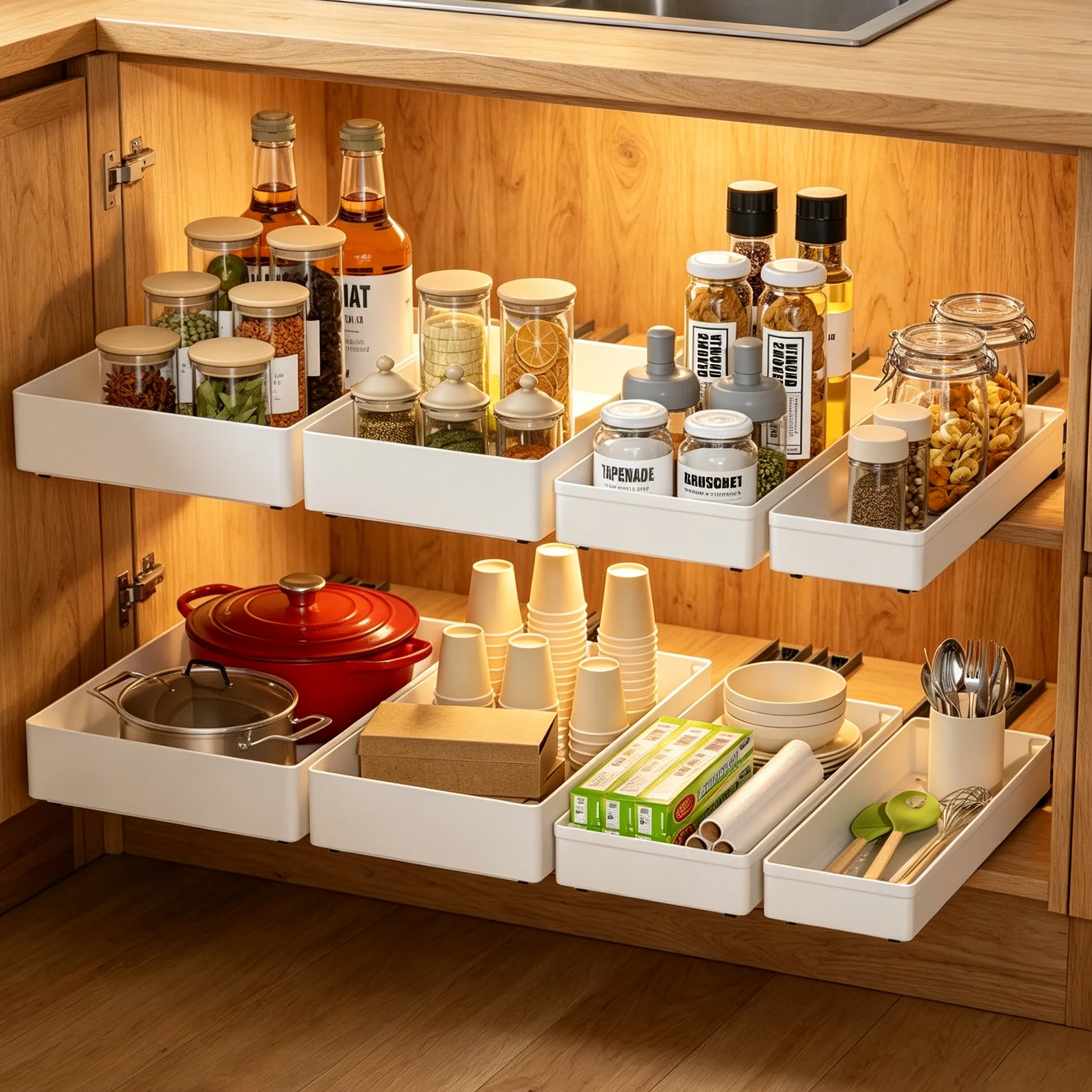 Adhesive Slide-Out Pull out Cabinet Organizer No-Drill Drawer Type Shelf Storage Basket for Kitchen Spice Utensils 13.5/18/27CM