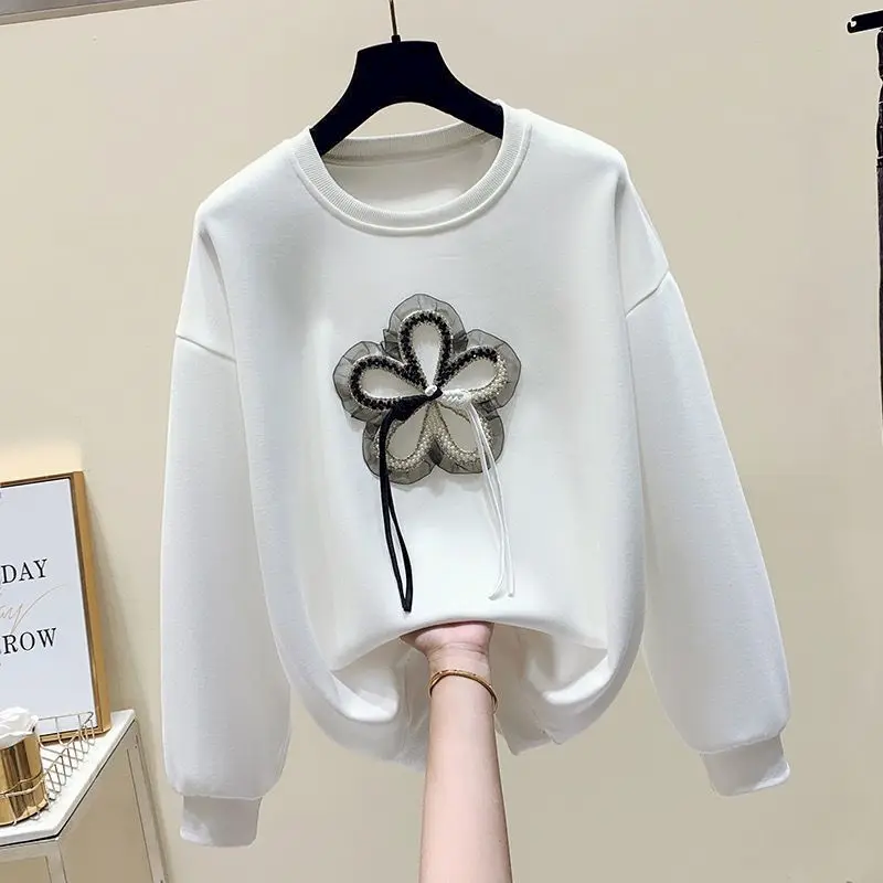 98% Cotton Pullovers Women Fashion Flower Design Pullover Korean Style Long Sleeve Tops Casual Loose O-neck Sweatshirt Autumn