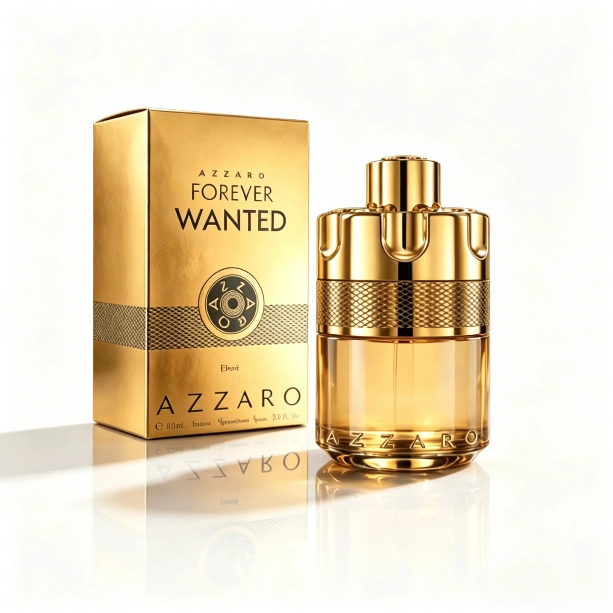 Azzaro Eternal Hunter Herrenduft, mit der ikonischen goldfarbenen Flasche in Kugelform und einem vollständig goldenen Gehäuse, einer Mischung aus fruchtigen, lederartigen und holzigen Noten, mit einem