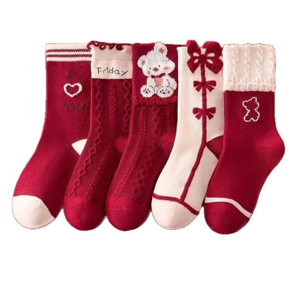 Cozy Red Color Mid Calf Socks Soft Cotton Sweet Design Girls Socks Lace Trim Knee High Length Holiday Socks Winter Season