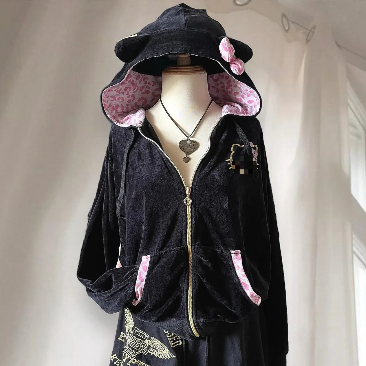 Streetwear Y2KสตรีPullover Hoodie Retro Harajukuสีชมพูเสือดาวพิมพ์Patchworkเสื้อกันหนาวแนวโน้มแฟชั่นกีฬาHoodie Top