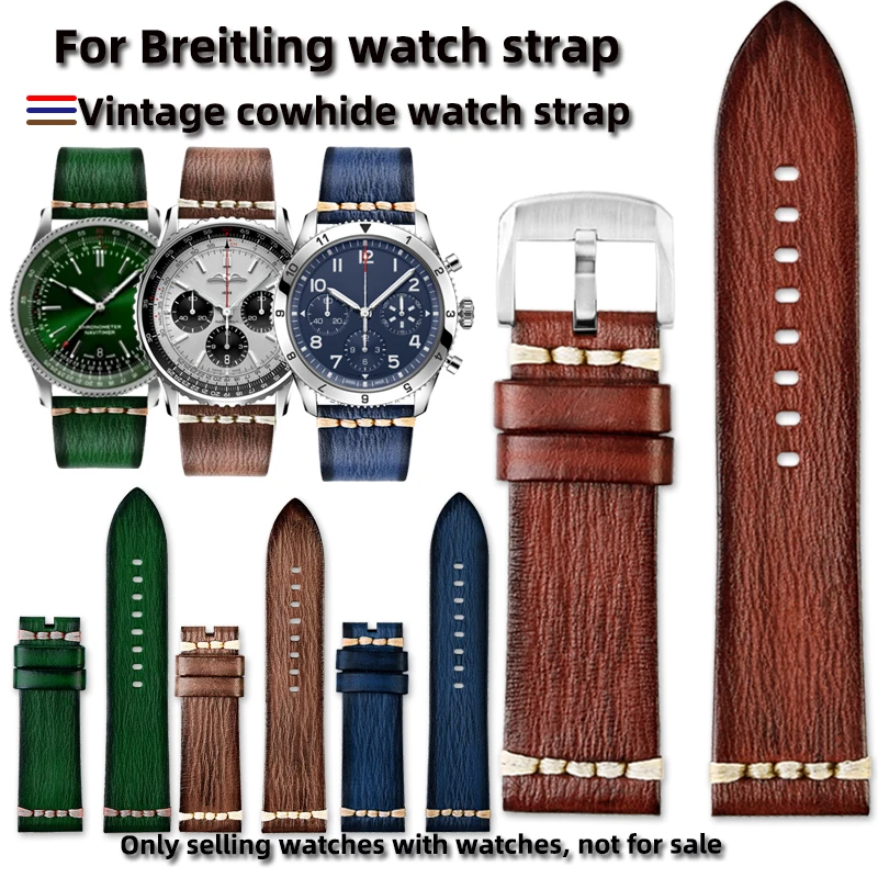 22MM 24MM Men's Retro Watch For BREITLING Aviation Timing Super Ocean Culture Avenger Green Leatherband Accessories