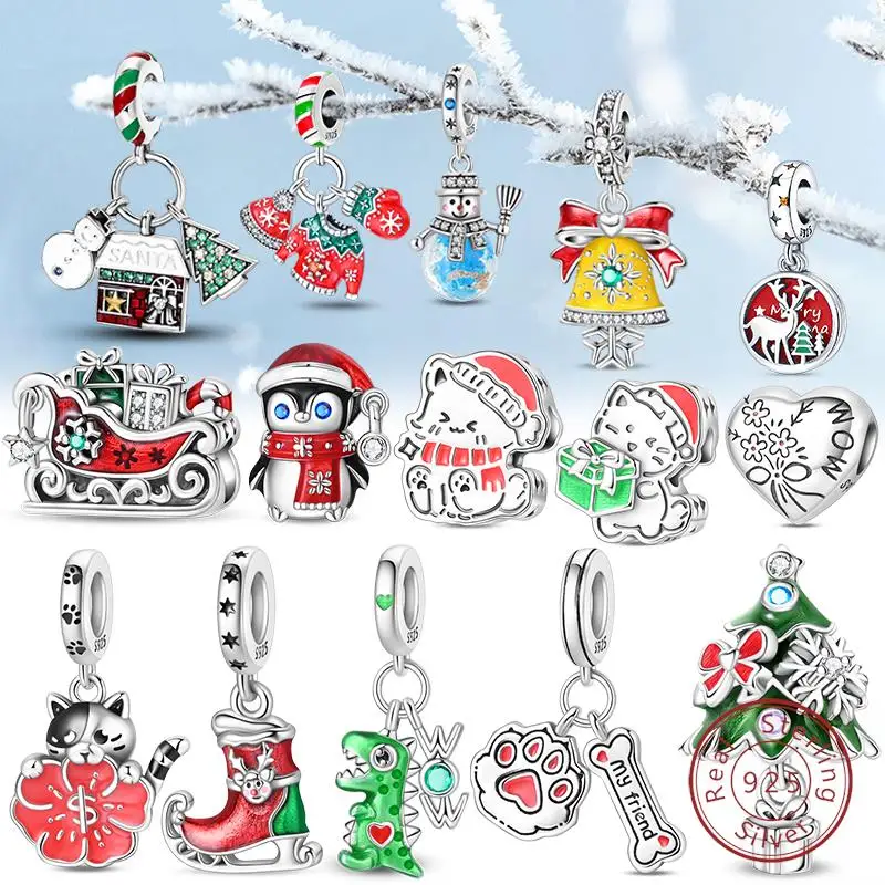 Abalorios de plata de ley 925 originales, cuentas de copo de nieve de invierno, muñeco de nieve, pingüino Igloo, colgante apto para pulsera, regalo de joyería para mujer