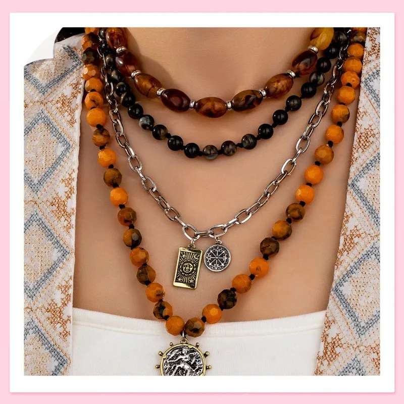 New Fashion Temperament Beaded Chain Pendant Multi-layer Necklace Retro Premium Neck Chain Jewelry