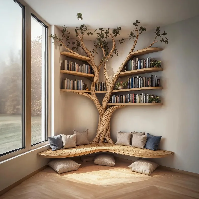 Wunderschöner handgefertigter Baumständer aus Holz mit lebendem Rand, schwebender Massivholz-Installationsbaum, Bücherregal, Wanddekoration