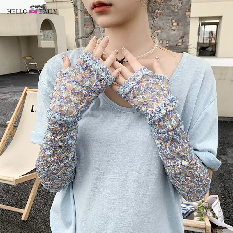 Summer Sun Protection Sleeves Women Fashion Floral Mesh Lace Thin Long-Sleeved Breathable Cycling Gloves Driving Arm Sleeves