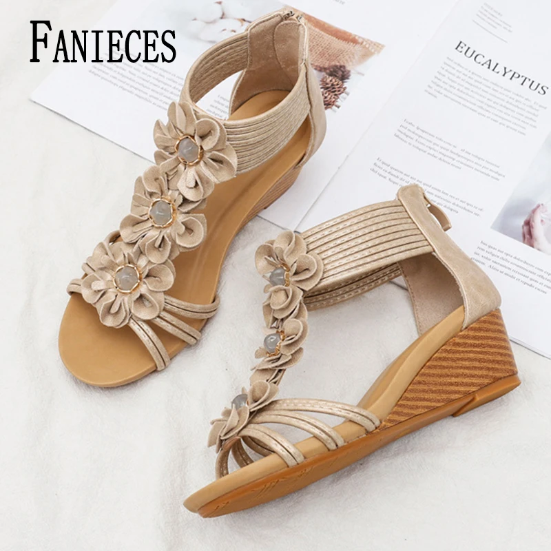 

Women Vintage Wedge Sandals Plus Size Open Toe Thick Soled Platform Roman Sandals 3D Flower Decorate Boho Plataformas Sandalias