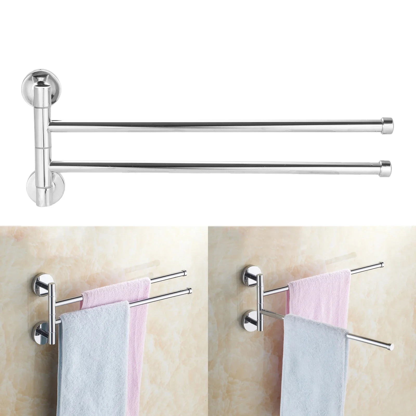 1pc Stainless Steel Towel Rail Swivel 2-arms Bar Bathroom Rack Hanger Rotating Sliver Kitchen Towels Holder Wall-Mount Organizer