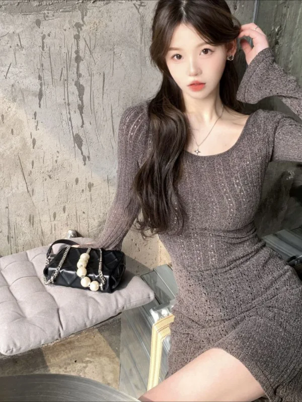 

Grid Knitted Dress Women's Round Neck Dress Spring Small Stature Sweet Spicy High Waist Wrapped Hip Spicy Girl Short Skirt 35FI