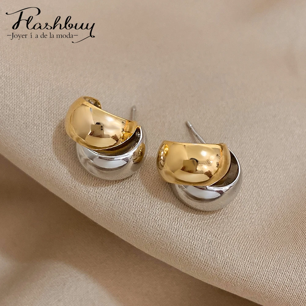 Flashbuy Two Color Staggered Irregular Half Circle Statement Stud Earrings Gold Silver Color Earrings High Quality INS Jewelry