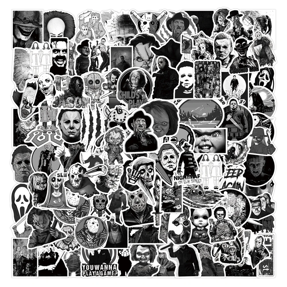 50/100PCS Black and White Horror Stickers Aesthetic Laptop Motorcycle Phone Waterproof Graffiti Decal Cool Sticker Packs Kid Toy