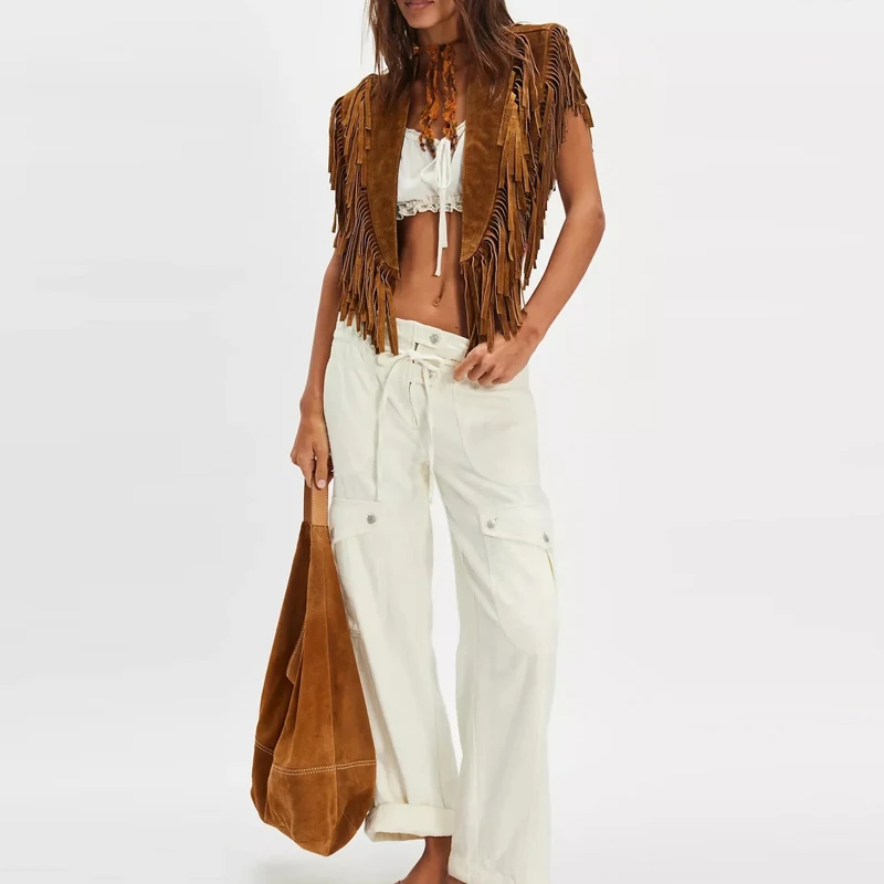 Elegant Sleeveless Simple Solid Color Tank Tops 2026 Casual Loose Cropped Jackets Women's Fashion Tassel Suede Streetwear Vest