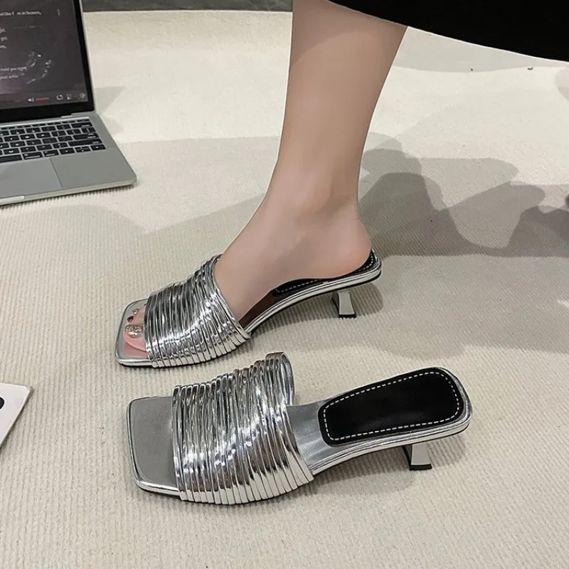 Square Toe Stiletto Sandals for Women Summer Shiny Solid Color High Heels Casual Half Slippers Shoes for Women Designer Sandals image 2