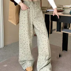 American Floral Floral Print Vintage Women Jeans Korean All-Match Wide Leg Pants High Waist Loose Straight Denim Trousers