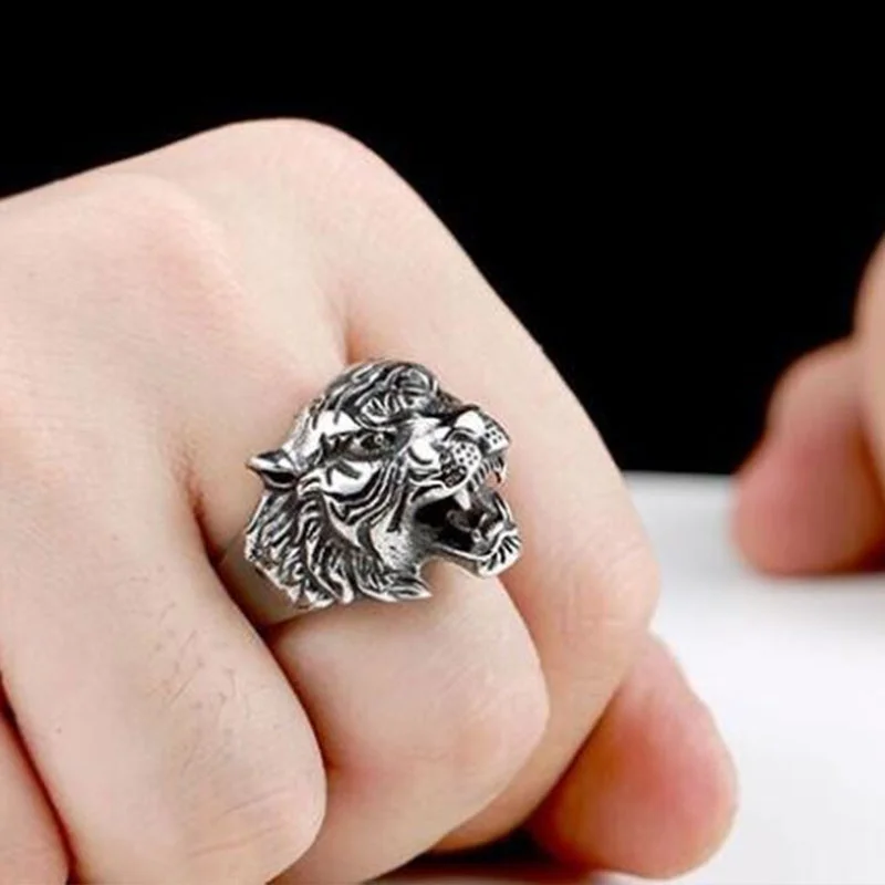 POPACC Punk Personality Men\'s Tiger Ring Men\'s Exquisite Animal Jewelry Titanium Steel Ring (size:8-11)