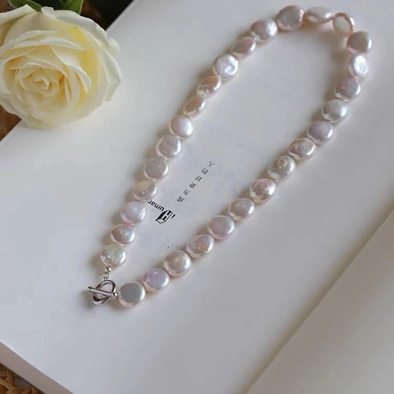 Handmade Temperament Full White Baroque Button Freshwater Pearl Necklace S925 Sterling Silver OT Button Exquisite Collar Chain