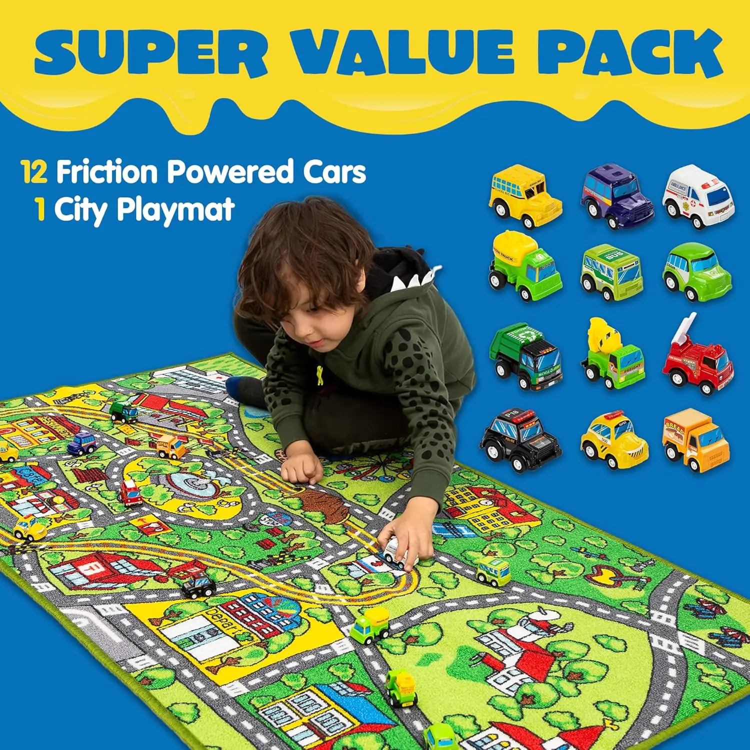 JOYFY Tappetino da gioco con 12 auto Set di veicoli pull-back per bambini dai 3 anni in su Tappeto da gioco Jumbo City Fai finta di giocare a più colori