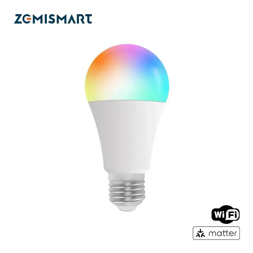 Zemismart Matter Over WiFi LED Light Bulb RGBCW 9W Smart E27 Dimmable Lamp Homekit Alexa Google Home Smartthings Control