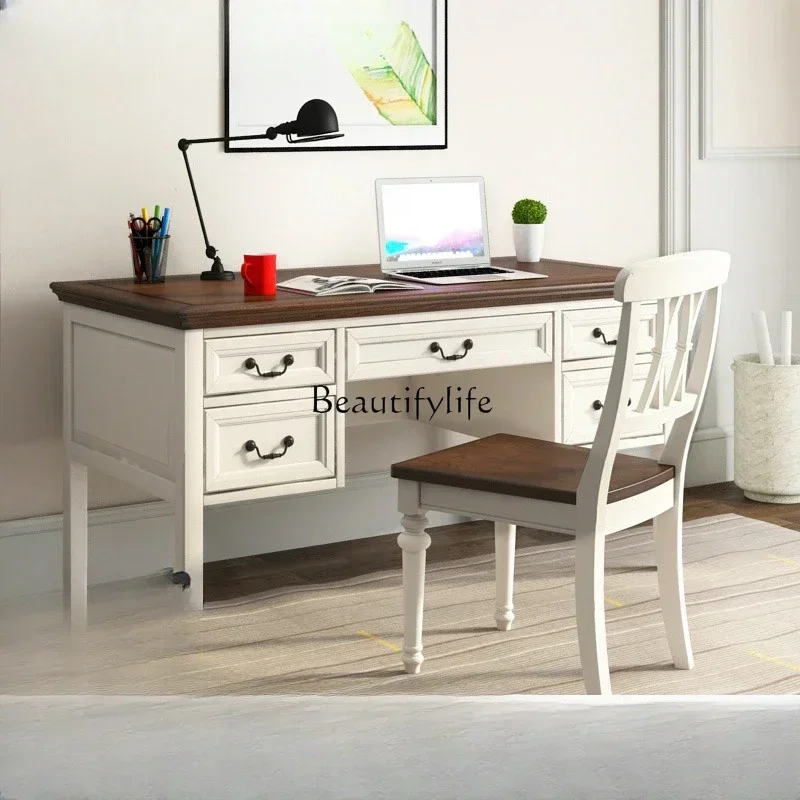 

New Arrivals New styleNN Pure solid wood desk American household simple Mediterranean log study table pastoral white
