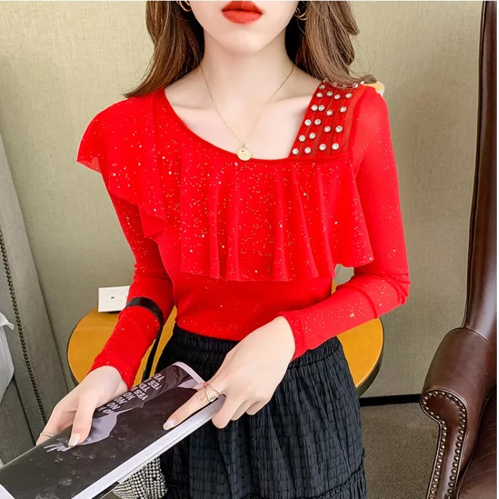 Handmade Beaded Long Sleeve T-Shirt Women's Fashionable Spring Autumn Mesh under Shirt Sexy Lace Trim Top OL Style Commute Wind