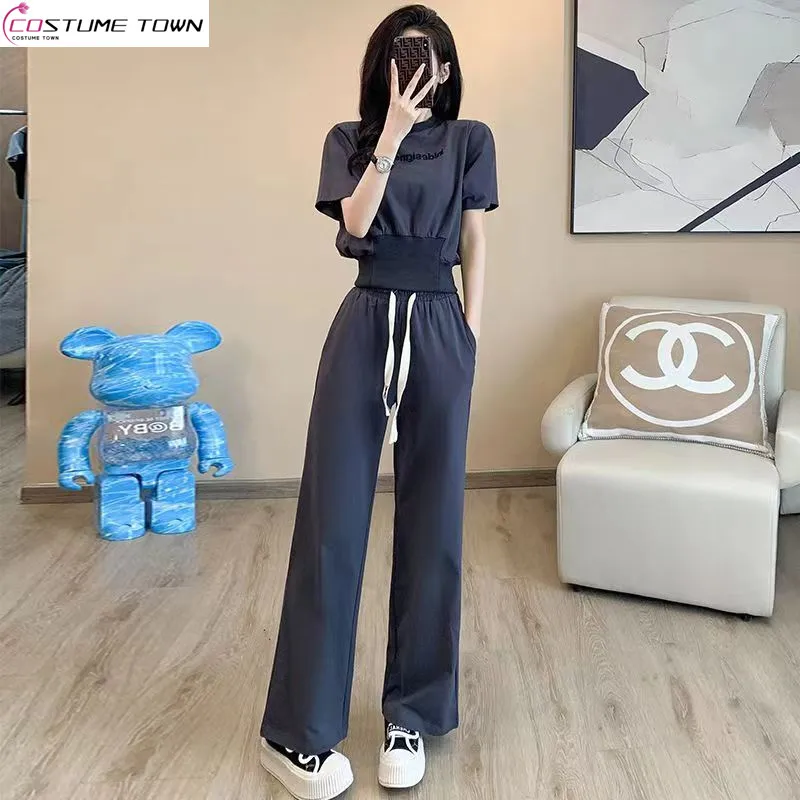 

Sports and leisure set summer new loose and fashionable slim fit short sleeved top+wide leg pants two-piece set