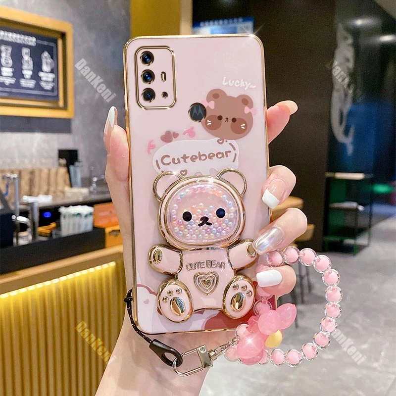 G30 Lucky Bear Holder Bracelet Plating Phone Case For Motorola Moto G30 G20 G13 G52 G32 G42 G22 G23 G10 G9 G9Plus G8Power Cover