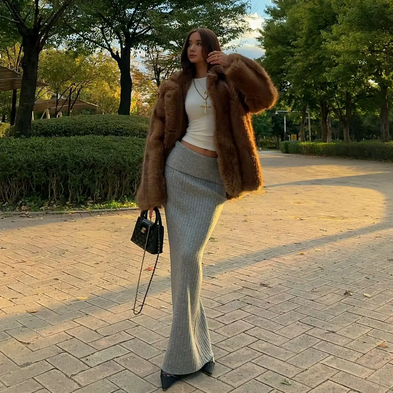 여성용 하이 웨이스트 롱 풀 폴드 니트 맥시 스커트