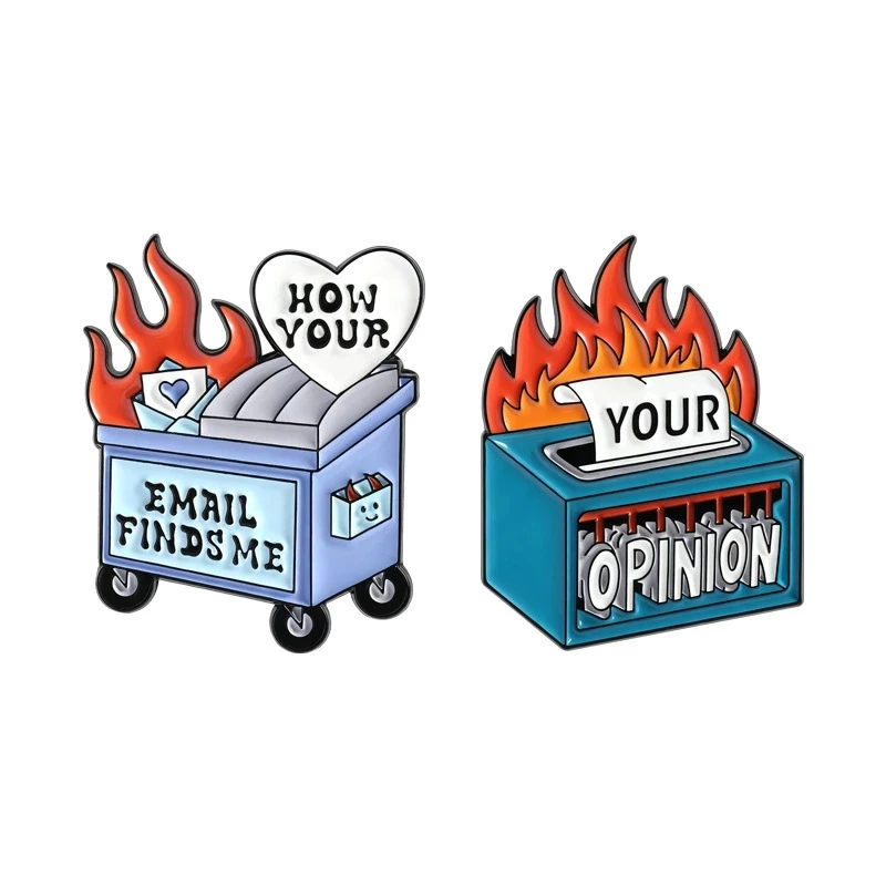 New funny trash can shaped brooch cartoon flame love English quotes alloy badge accessory