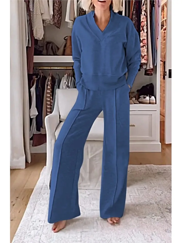 Jesienno-zimowa Casual V-neck Bluza z długim rękawem Zestawy spodni z szerokimi nogawkami Damskie Solidne luźne spodnie z kieszeniami Sportowe zestawy 2-częściowe