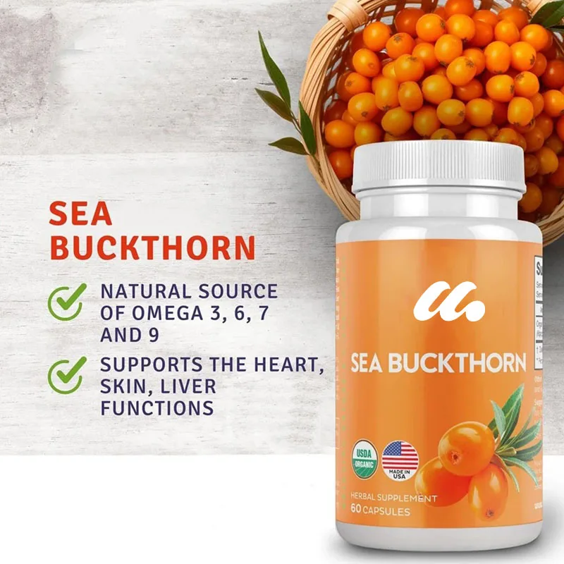 Sea buckthorn cápsulas 1000mg, fonte natural de Omega 3, Omega 6, Omega 7, Omega 9, 60 cápsulas