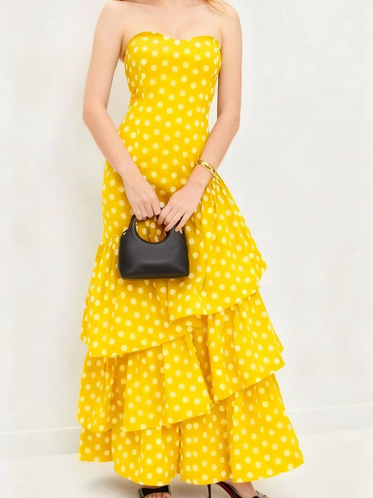 

Элегантное женское платье с высокой талией для банкета, модное платье-торт с принтом в горошек, новое летнее платье с открытыми плечами и оборками для вечеринок