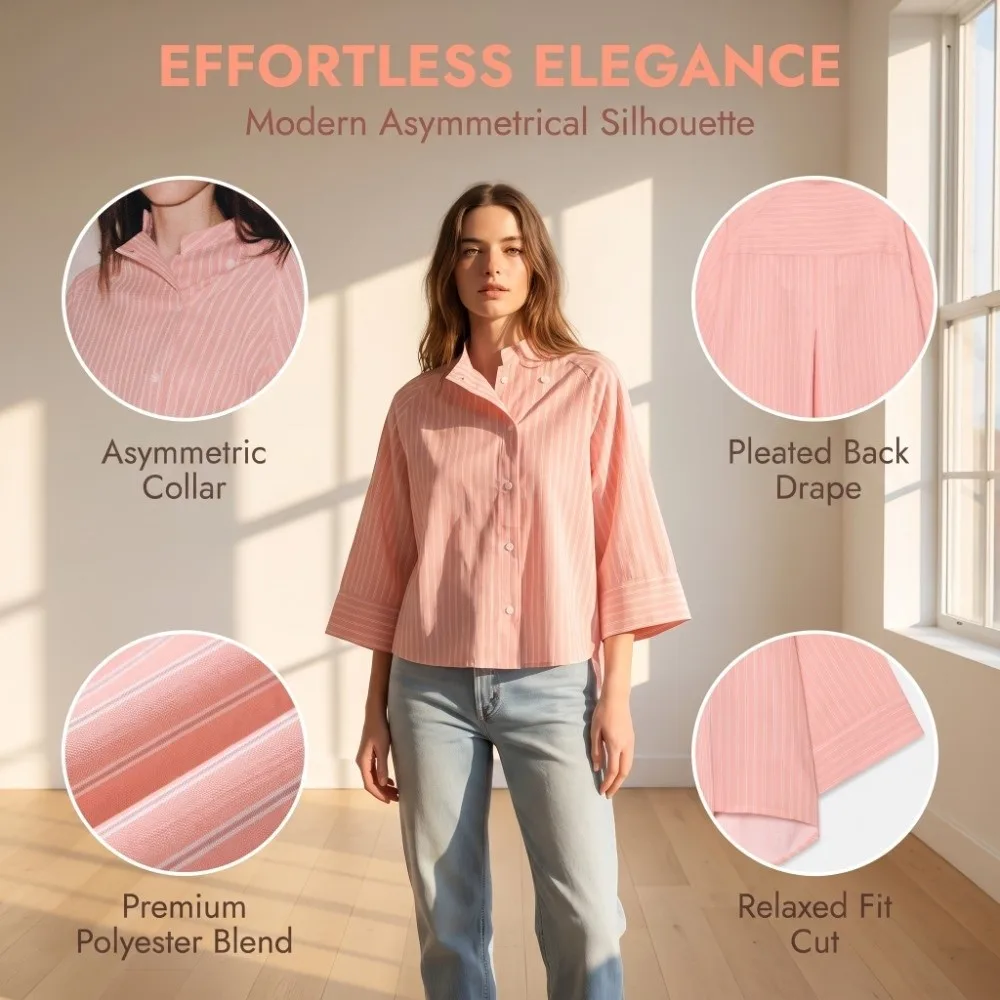Gestreiftes, lockeres Hemd, elegantes Oberteil mit mittellangen Ärmeln und Knöpfen, europäisch-amerikanischer Stil, asymmetrische, lässige Bluse für Damen – Detail 11