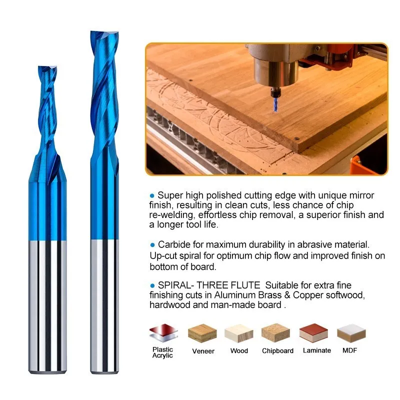 End Mill 2 Flute Sprial Milling Cutter 1/2 1/4 Shank Carbide Up Cut CNC Router Bit Milling Tools