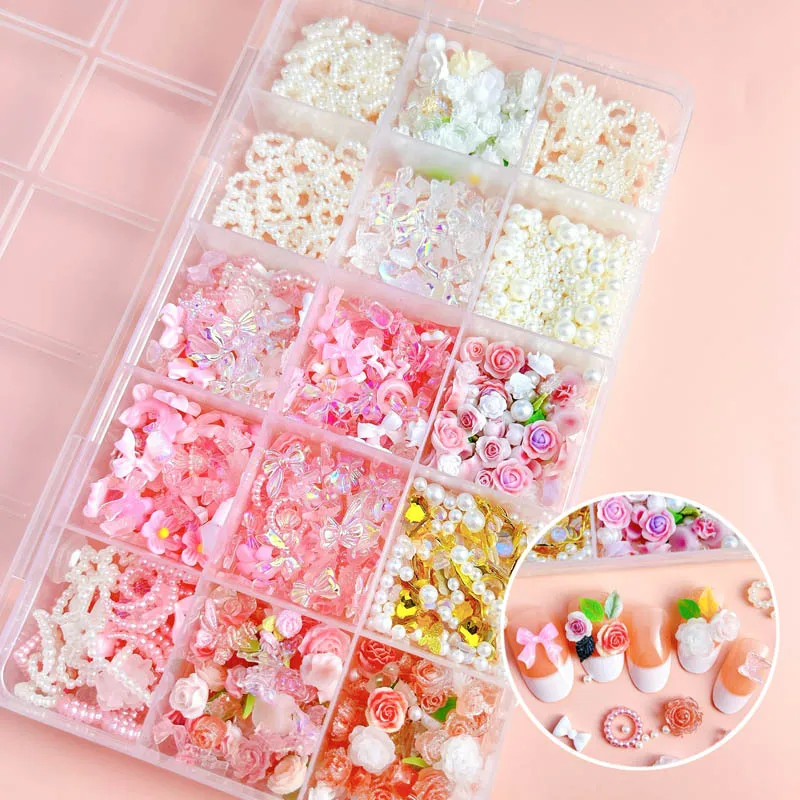 1 Box Random Mixed Resin Nail Charms Cartoon Bear butterfly Pearl Rose Lollipop Nail Art Decoration Accessories Manicure DIY