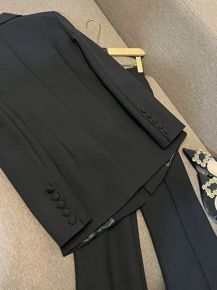 Women Elegant Work Blazer Black Suit Noted Jacket Coat Top And Long Pant Two Piece Set Matching Outfit Office Formal Clothing