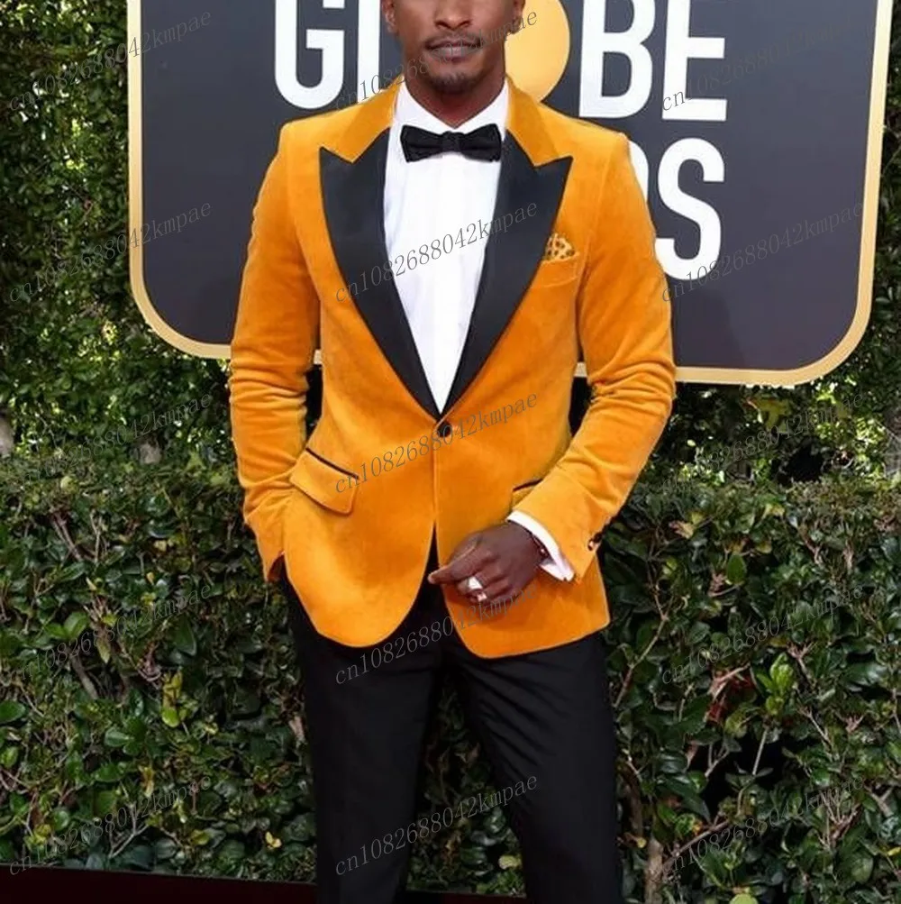 

New Black And Yellow Velvet Men Suit Formal Business Groom Groomsman Wedding Party Prom Male Tuxedos 2 Piece Set Blazer Pants