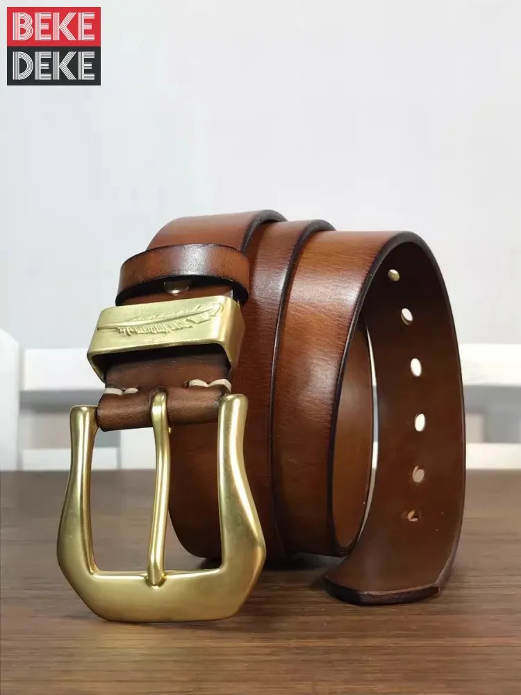 

Handmade Mens Copper Pin Buckle Cowhide Genuine Leather Belt Vintage Casual Strap For Pants Soft Leather Width 3.8cm Waistband