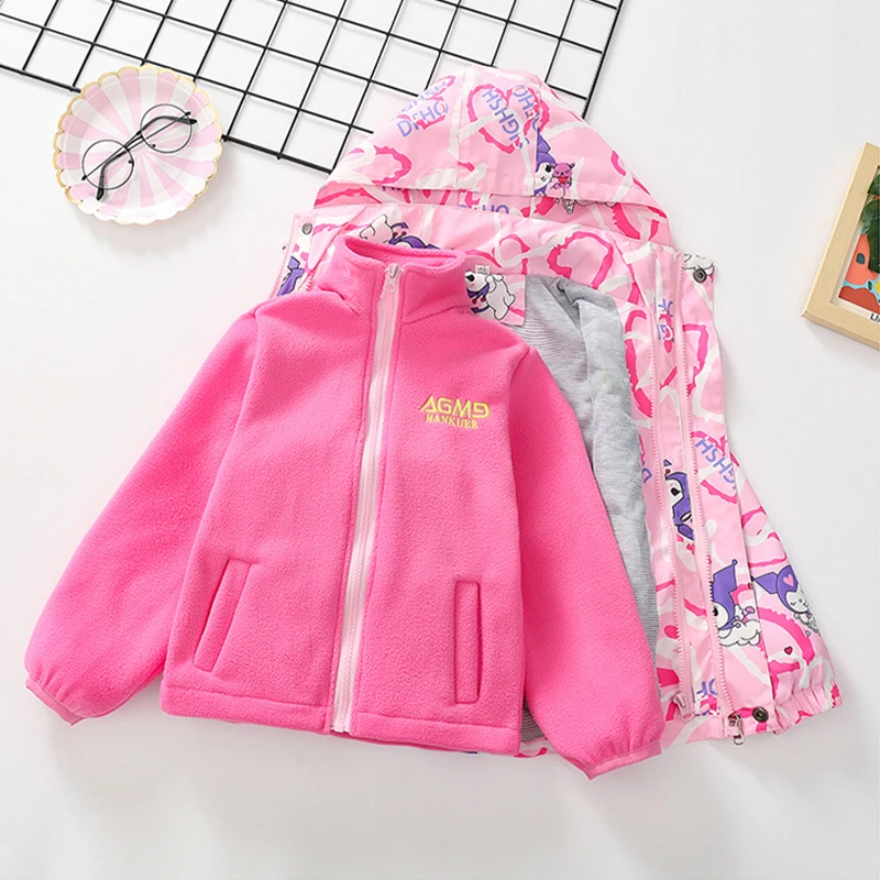 Kuromi Girls Coat Windbreaker Hooded ที่ถอดออกได้สาม-In-One น่ารักฤดูใบไม้ร่วงและฤดูหนาวเสื้อผ้าสาวการ์ตูนวันหยุดเสื้อผ้าของขวัญ