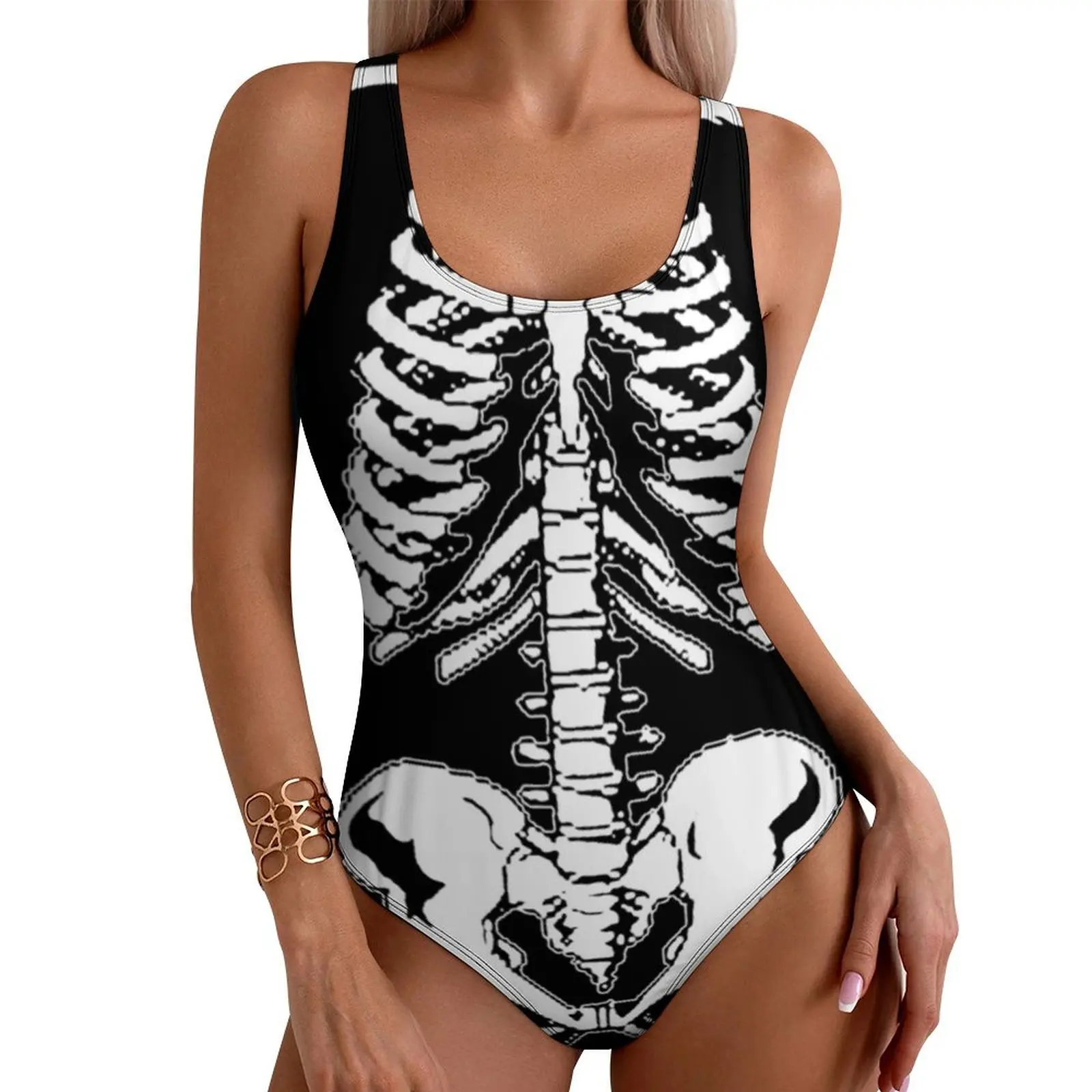 

Halloween Skeleton Swimsuit Sexy Rib Cage and Pelvis Spooky One Piece Swimwear Push Up Swimsuits Simple Holiday Surf Monokini