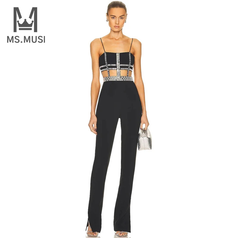 

MSMUSI 2023 New Fashion Women Sexy Strap Crystal Bead Hollow Out Sleeveless Bodycon Party Club Flare Pant Lady Bandage Jumpsuit