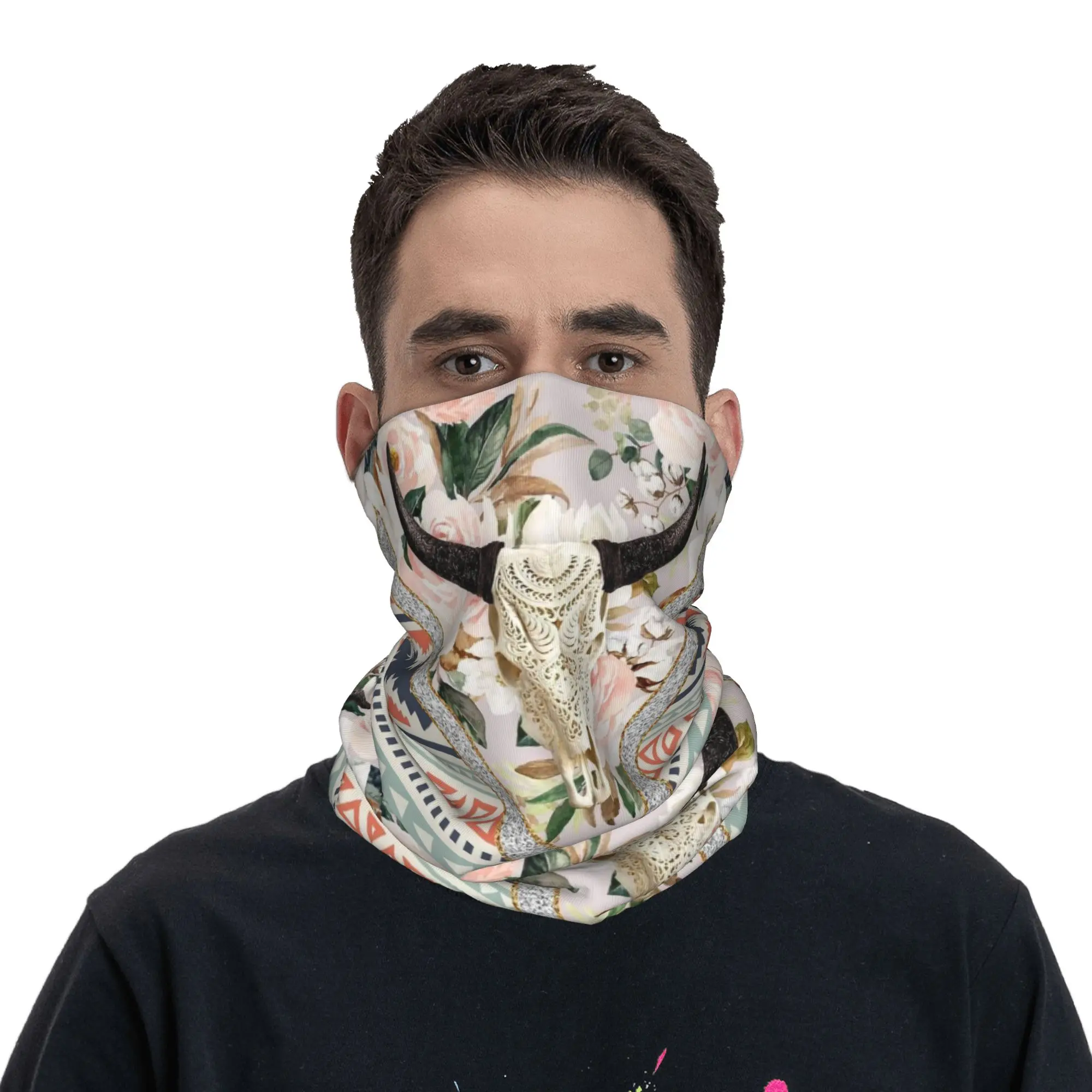 Aztec Bull Skull Design Bandana Neck Gaiter Printed Face Scarf Multifunction Face Mask Running Unisex Adult