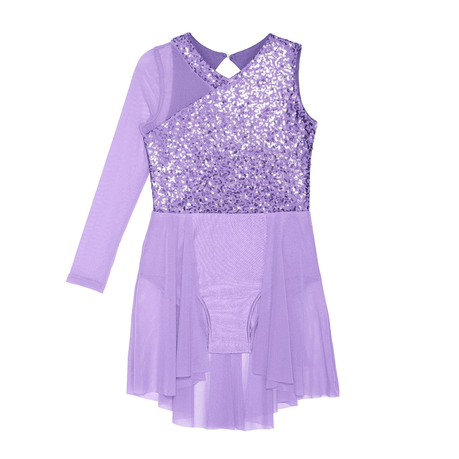 

Long Sleeve Lyrical Dance Performance Costume for Kids Girls Sheer Mesh Sequins Skirted Leotard Modern Contemporary Dancewear