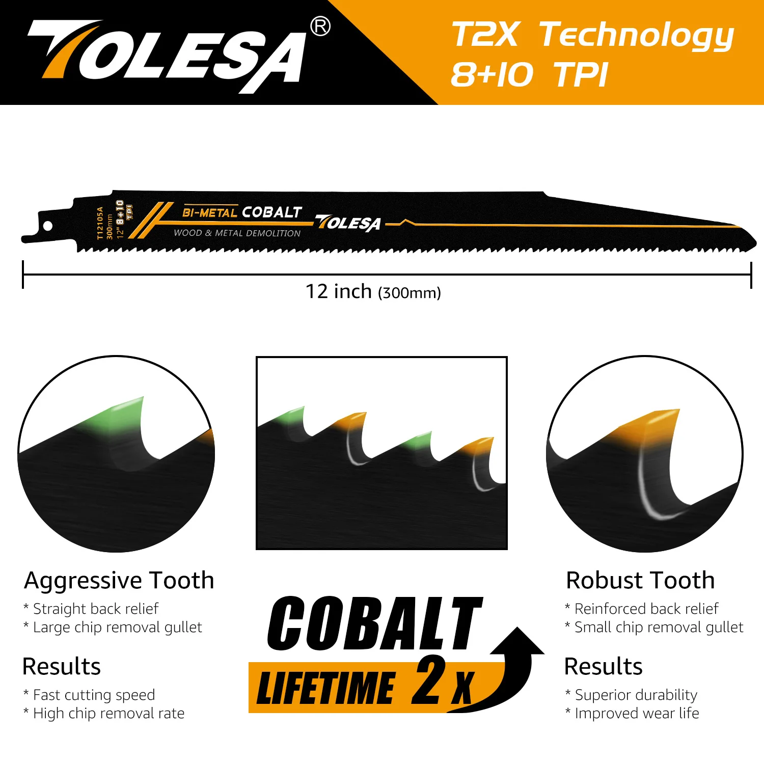 TOLESA 6/9/12inch 8+10TPI Metal Wood Demolition Reciprocating Saw Blades for Steel Tube Cutting, Drywall, Chipboard Plastic 5Pcs