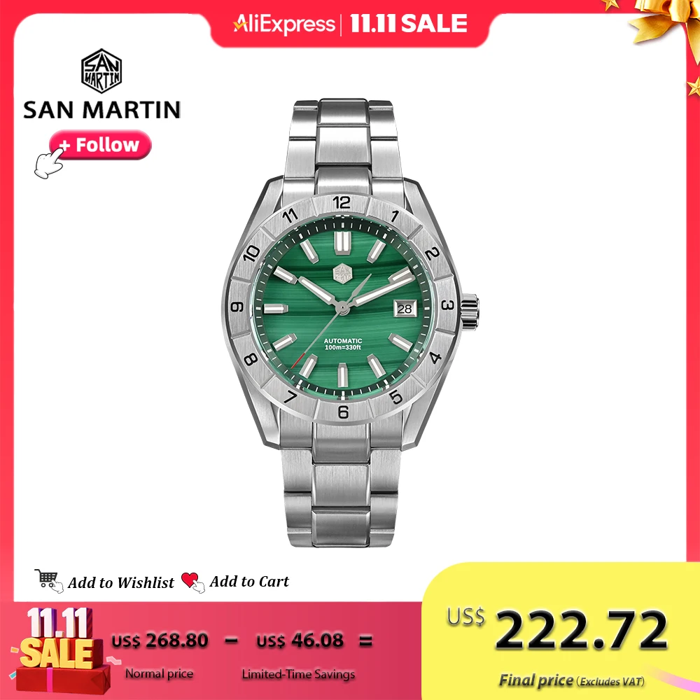 サンマルチン-ステンレス鋼の機械式腕時計,緑色のマラカイトダイヤル,サファイア,防水,高級,男性,42mm, 10バー,SN0130G-B