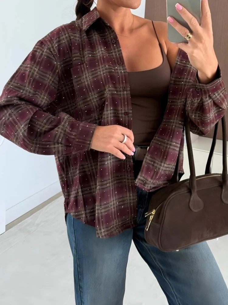 

Vintage Plaid Printed Long Sleeved Shirt Casual Street Wear Single Breasted Office T-shirt Fashion New Women's Lapel Pocket Coat