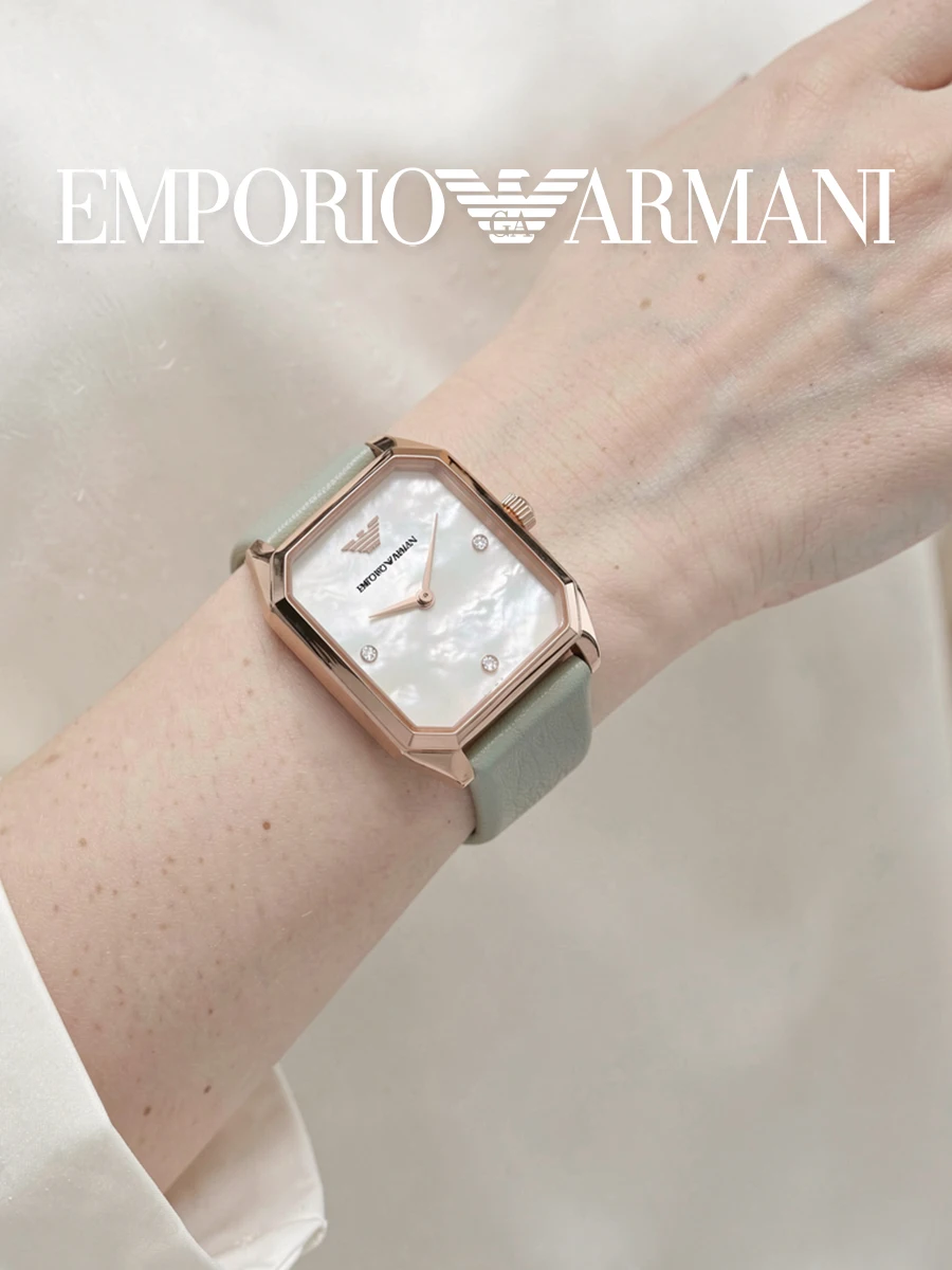 Emporio Armani AR11302 Women's Quartz Watch Rose Gold Square Case Light Green Leather Strap Crystal Index Elegant Commute Watch