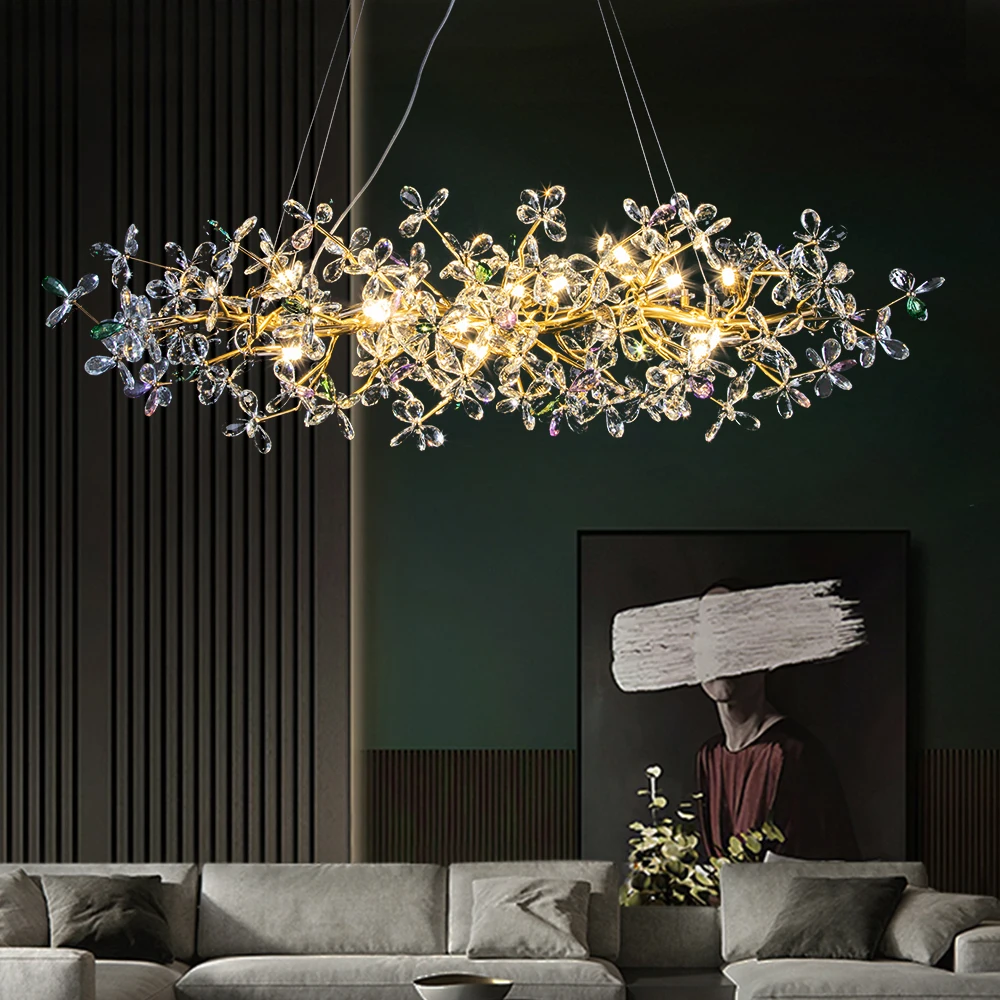 

Color Crystal Flowers Chandelier Gold Long Round Hanging Light Luxury Villa Living Dining Room Lamp Tree Branch Chandeliers LED